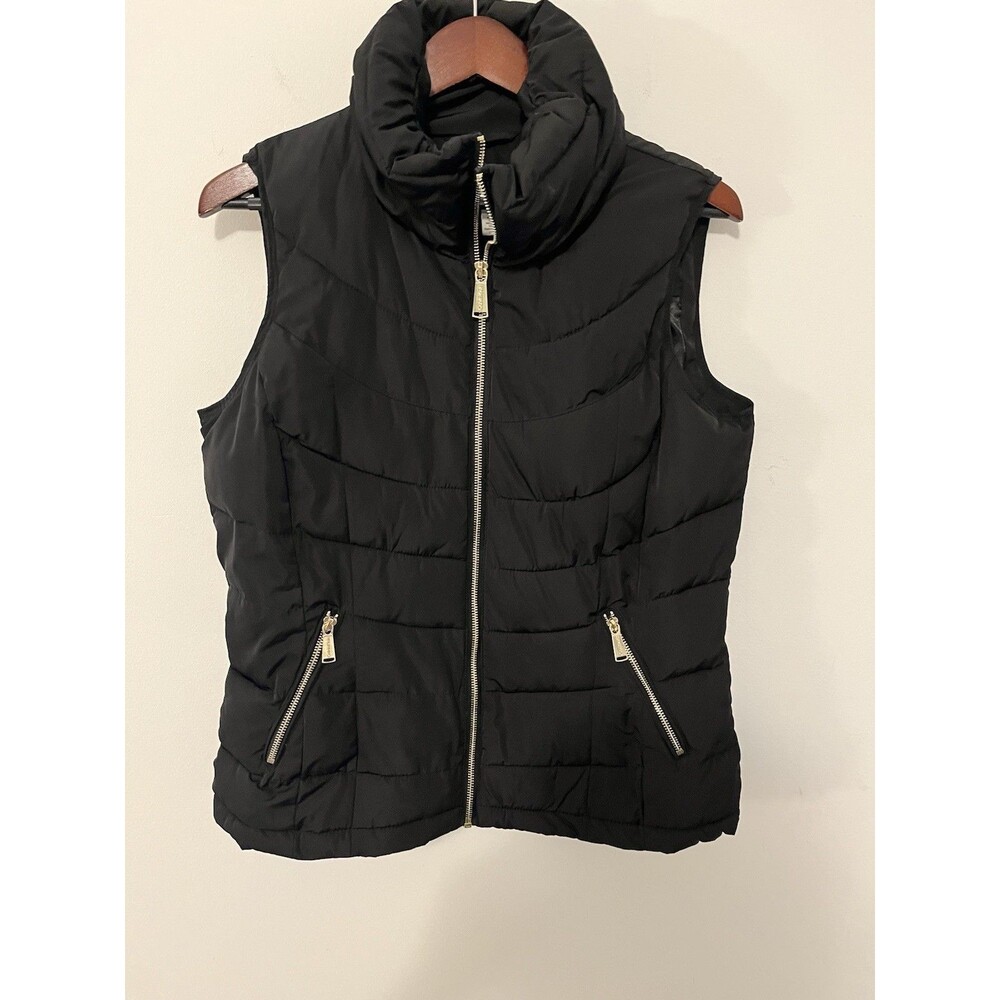 Calvin Klein Womens Medium Black Quilted Puffer Vest Gold Zip High Collar